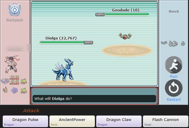 A turn-based battle in Pokemon Dusk Reborn showing a Dialga facing a Geodude with four move buttons below