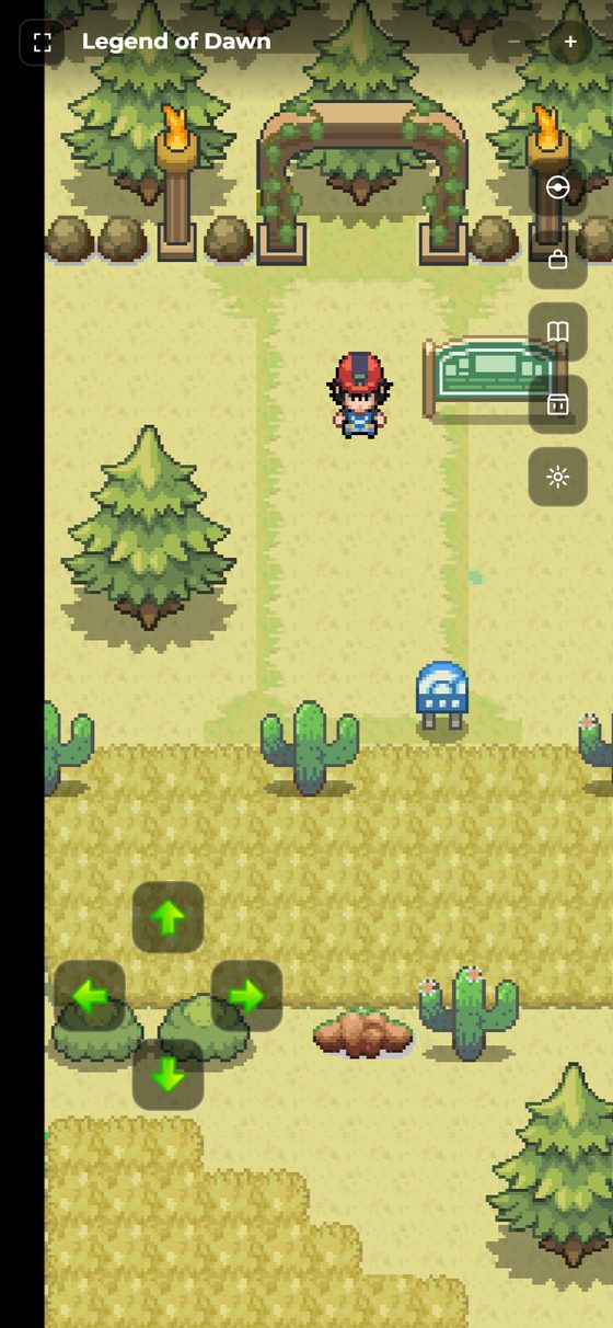 Full-screen map mode on a phone, with the D-pad at the bottom left and team, bag and Pokedex shortcuts on the right