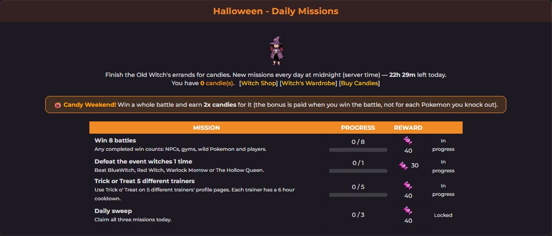 The Halloween daily missions screen in Pokemon Dusk Reborn with four missions, candy rewards and a Candy Weekend bonus